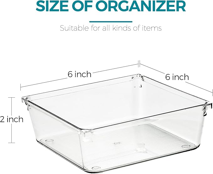 8 Pack Drawer Organizer - 6" X 6" Clear Acrylic Storage Bins with Non-Slip Pads, Versatile Desk Tray for Makeup, Jewelry, Kitchen, Bathroom, and Office Organization