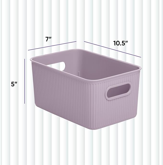 Superio Ribbed Collection - Decorative Plastic Basket Open Home Storage Bins Organizer, Medium Lilac Purple (1 Pack) Container Boxes for Organizing Closet Storage Bins for Shelves 5 Liter