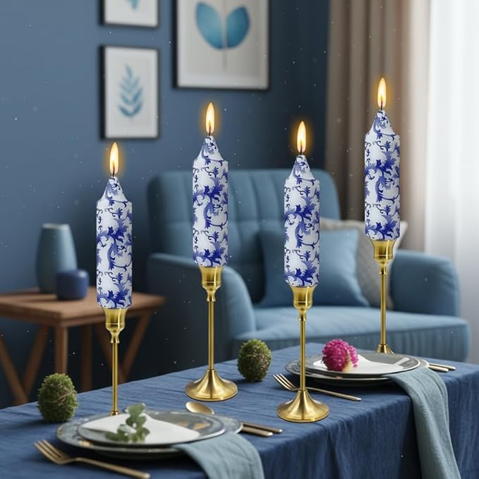 5 Inch Blue and White Tapered Candles Short Floral Candlesticks Hand Poured Unscented Smokeless Porcelain Candles for Dining Everyday Meals Family Dinner Elegance Blue White Porcelain Style