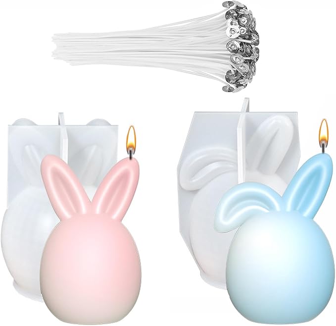52Pack Easter Silicone Candle Molds Set, Including 50 Candle Wicks and 2 Bunny Mold for Soap Making, Handmade Egg Rabbit Art Craft Gift and Easter Home Decor