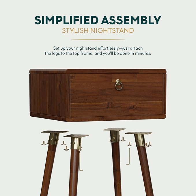 Bme Alden Solid Wood Nightstand/Side Table/End Table, Fully Assembled, with 1-Drawer for Mid Century Bedroom and Living Room, (12mm), Dark Chocolate