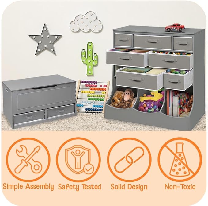 Badger Basket Combo Toy Storage Organizer and Bookshelf - Kids Storage Unit with 3 Removable Baskets, Open Shelves, Top Display Surface - Woodgrain and Gray
