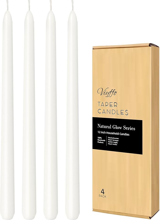 Viyffo Taper Candles, 12 Inch, 4 Pack, White – Unscented, Dripless & Smokeless Design, Up to 8-Hour Burn – Tall Candlesticks for Wedding, Dinner & Home Decor