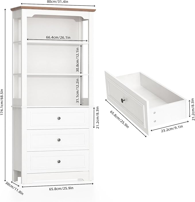 Bookcase 4-Tier Bookshelf with 3 Drawers, Pantry Storage Cabinets, 68'' Freestanding Tall Bathroom Cabinet, Sideboard Microwave Space Cupboard Organizer for Home Office, Retro White