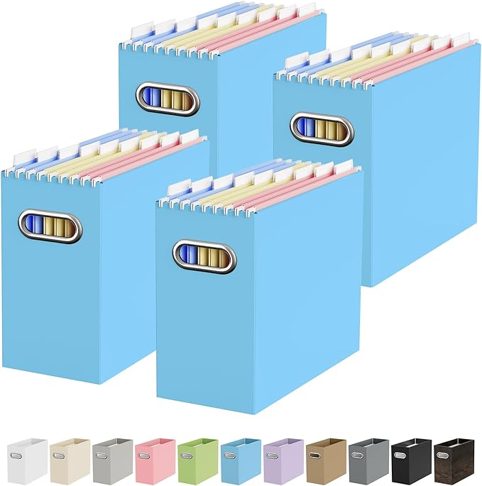Oterri File Organizer Box, Portable Collapsible Cardboard File Folder Organizer with Handle for Letter Size Hanging Files, Document Storage Box for Home Office & Classroom (4 Packs, Blue)