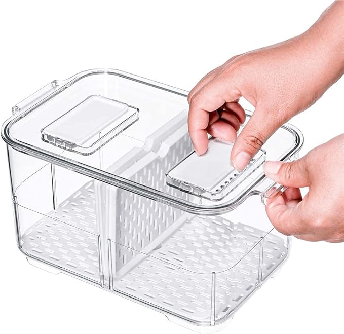 SANNO Vegetable Fruit Containers Fridge Food Storage Produce Saver Container Stackable Refrigerator Freezer Organizer Fresh Keeper Drawers Organizer set of 2