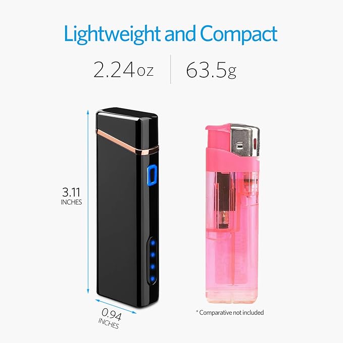 Electric Arc Lighter USB Rechargeable Windproof Flameless Plasma with Battery Indicator for Fire, Cigarette, Candle - Outdoors Indoors | Bright-Black (Upgraded).
