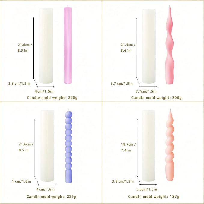 4 PCS Taper Candle Mold - Pillar Long Strip Candle Molds, 3D Silicone Candlestick Making Supplies, Cylinder Wave Twisted Strip Beaded Candlestick Casting Forms for Home Holiday Decor