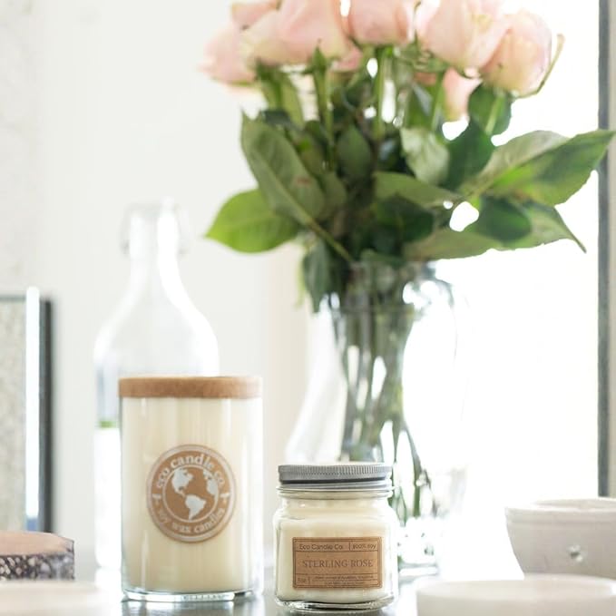 ECO CANDLE CO. Recycled Candle, Sterling Rose, 18 oz. Double Wick - Scents Of Green Notes, Fresh Cut Roses, Floral, & Musk - 100% Soy Wax, No Lead, Kraft Paper Label & Lid, Hand Made, Midwest Soybeans
