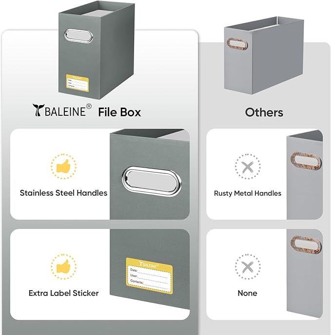 BALEINE File Organizer Box, Cardboard File Folder Organizer with Handle for Letter Size, Portable Collapsible Hanging Filing Box for Home Office Document Storage (2 Pack, Grey)