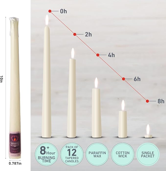12 Pack Ivory Taper Candles - Taper Candles 10 Inch Smokeless & Unscented - 8 Hours Long Burning - Hand Poured Tall Candlesticks - Ideal for Wedding, Party, and Home Décor