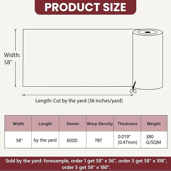 Waterproof Marine Canvas Fabric by The Yard 58"W 600D PVC Backing Water-Resistant Polyester Fabric Upholstery Material for Outdoor Indoor Marine Awning Tent Boat Furniture Cover DIY, 8 Yards Wine Red