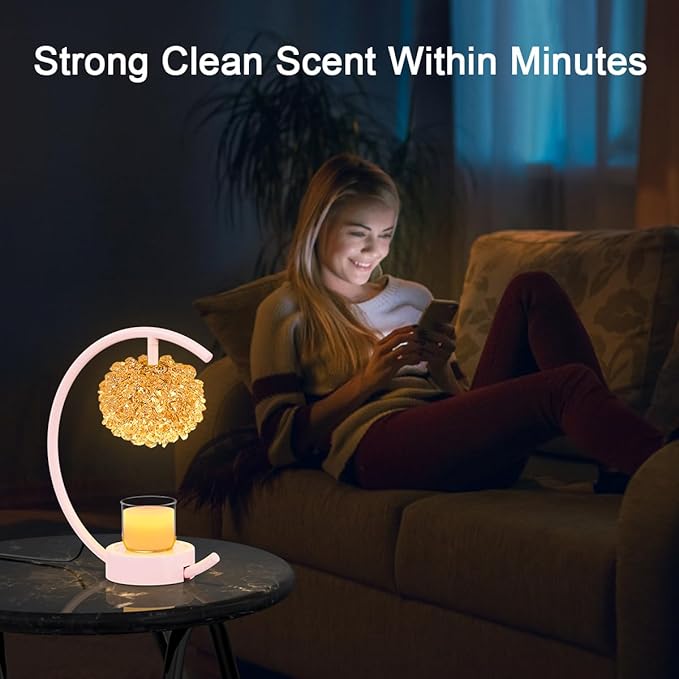 Yeuslor Pink Candle Warmer Lamp for Jar Candles with Adjustable Brightness＆Timer，Handcrafted Crystal＆Wooden Base,Candle Lamp Luxurious Design+2Bulbs,Home Decoration Electric Candle lamp(C-Shaped)