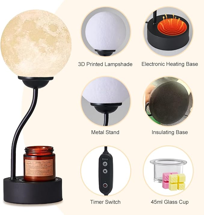 Candle Warmer Lamp with 7 Colors Moon Lamp, Electric Candle Warmer with Timer, Gifts for Mom, Vintage Wax Melt Warmer for Scented Wax for Jar Candle with Glass Cup, Metal Glass Resin Material
