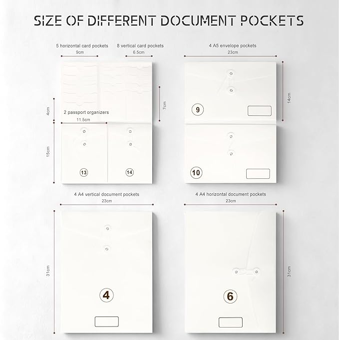 JOYCE Important Document Organizer, 14 Expandable Pockets, 13 Card Slots, Document Organizer for A4 Paper/Letterhead/Cards, with 2 Label Stickers, Suitable for Home, Office, School Use (Black)