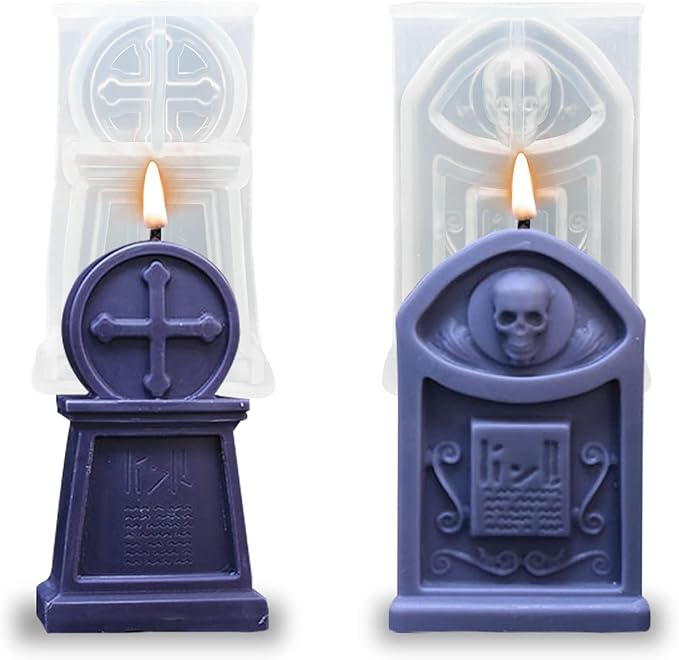 2 Pcs Tombstone Candle Mold Halloween Resin Casting Silicone Mold for DIY Aromatherapy Candles Wax Plaster Polymer Clay Decoration