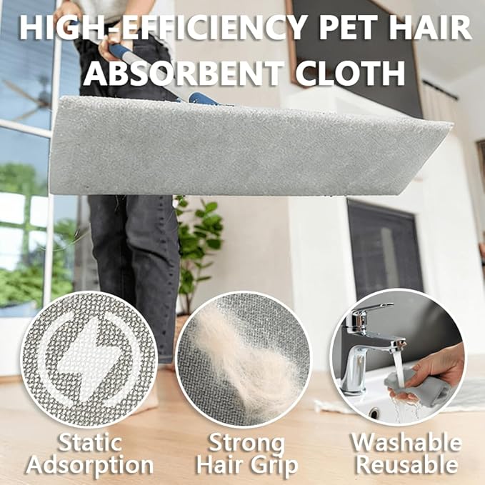 Electrostatic Pet Hair Clip-On Mop,One Swipe Captures All Pet Hair & Dust-2 Reusable Pet Hair Removal Cloths+1 Fiber Cleaning Cloth,57-Inch Adjustable Handle,Suitable for Large Home Areas&Under Sofas