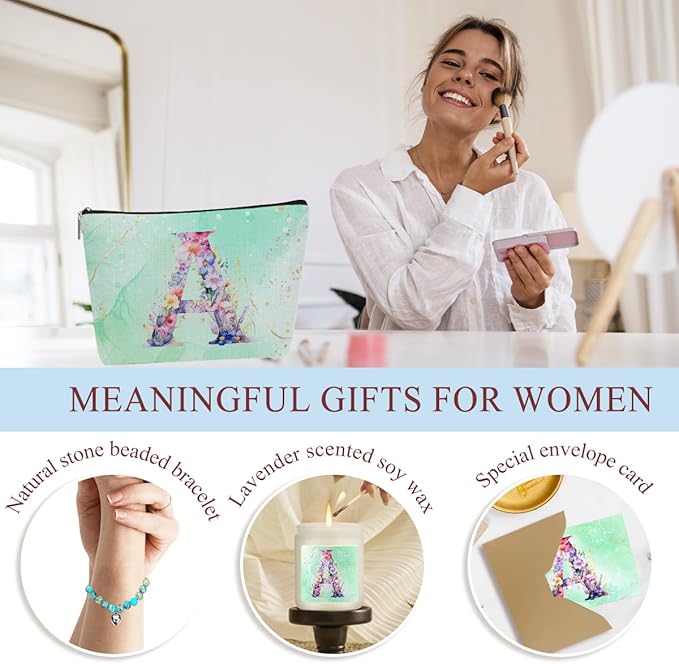 Personalized Gifts Monogrammed Birthday Gifts for Women, Bridesmaid Bachelorette Party Wedding Christmas Initial Wine Tumbler Makeup Bag Scented Candle Bracelet Set, (Aesthetic Green Flower A)