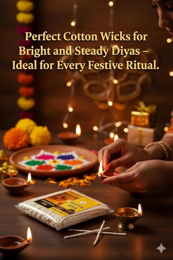 Cotton Wicks for Oil Lamps, Diya & Candles – 100% Natural Hand-Rolled Cotton, Smokeless Long-Burning Wick for Prayer, Meditation & Home Décor – Pack of 125