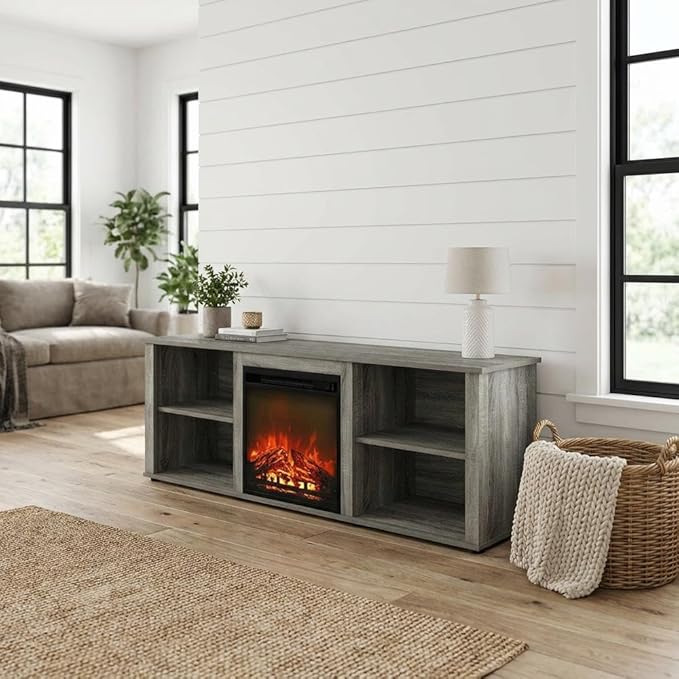 Furnifact French Oak Grey TV Stand with Fireplace, Classic 70-Inch Wood Entertainment Center, Modern Design, Ample Storage, Durable Construction
