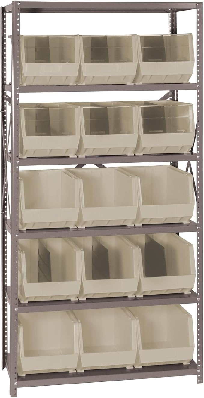 Quantum Storage Systems QSBU-260IV Giant Open Hopper Steel Shelving System, 18" D x 36" W x 75" H, with 6 Shelves and 15 QUS260 Bins, Ivory