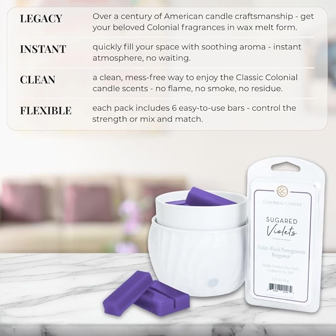 Colonial Candle Sugared Violets Scented Wax Melts, Wax Melt Warmer Cubes, Long Lasting Scented Wax Warmer Cubes, 4 Pack, 6 Cubes Each - Made in The USA