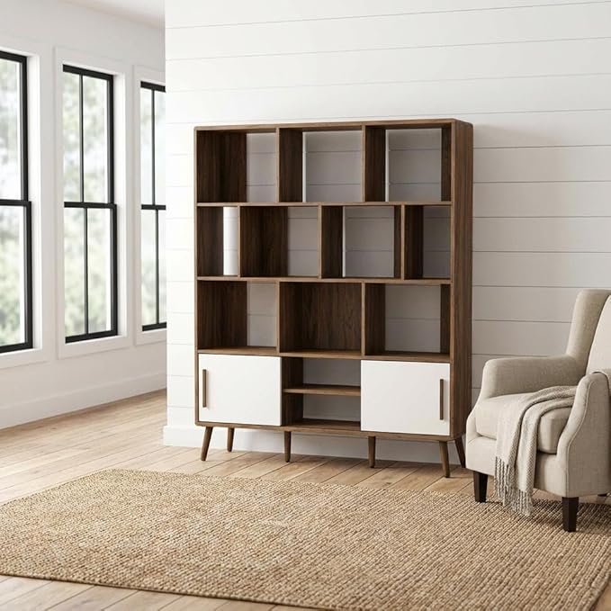 Furnifact Walnut Linen Bookcase with Sliding Doors, 59-Inch Tall Storage Cabinet, Modern Design, Durable Construction, Stylish Home and Office Organization