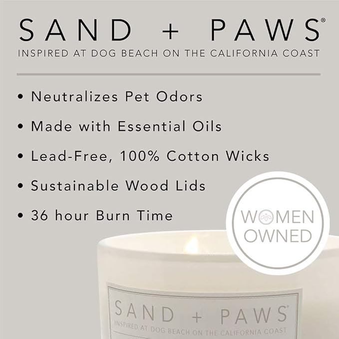 Sand + Paws Scented Candle - California Beach House –Luxurious Air Freshening Jar Candle Neutralize pet Odors and Enhance Home décor – 100% Cotton Lead-Free wicks-12oz