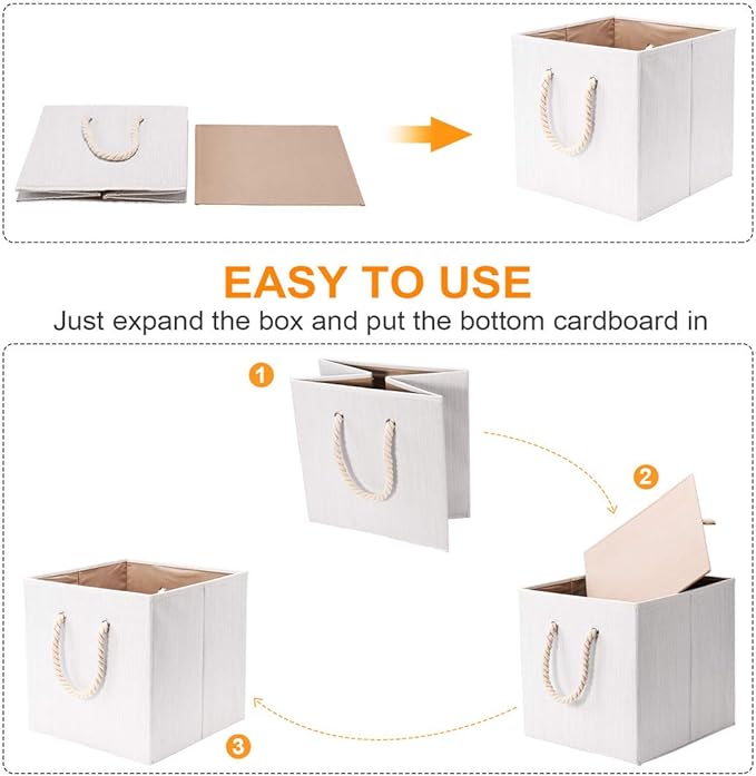 Robuy Set of 3 Beige Bamboo Fabric Cube Storage Bins with Cotton Rope Handle, Collapsible Resistant Basket Box Organizer for Shelves Size 13x13 x13 inch