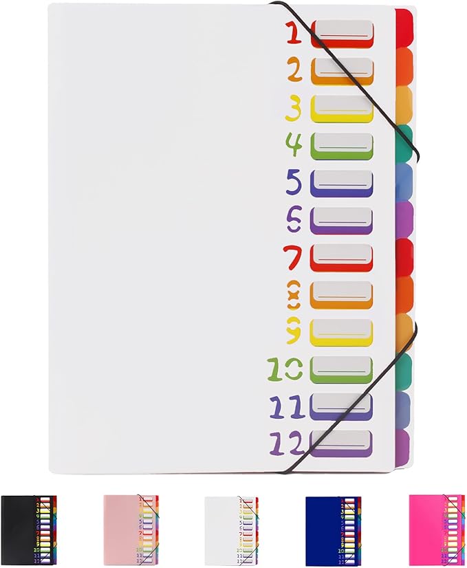 24 Pockets Expanding File Folder Organizer,Accordion File Organizer,A4 Letter Size,Rainbow Tab, for Home/Office/School Document Organizer (White)