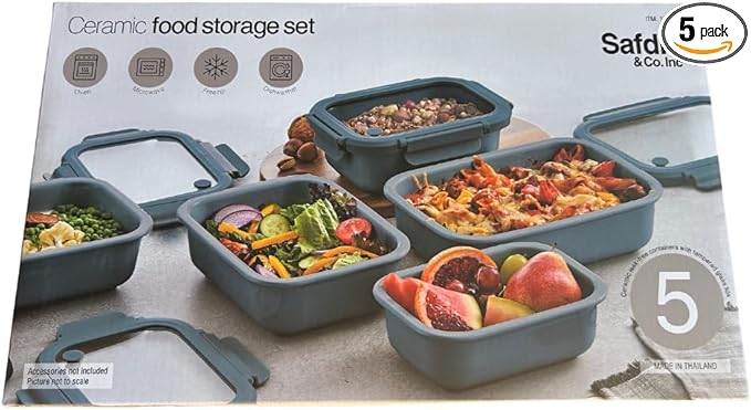 Safdie Ceramic Food Storage Set, 5 Containers with Glass Lids, Leak-Free Kitchen Containers (Blue)