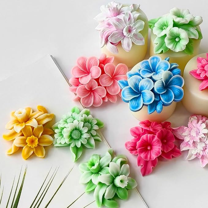 4pcs Flower Silicone Molds Scented Candles Soap Making Kit Candle Molds for Candle Making Supplies Sunflower Daffodils Petunia Plumeria Flower Silicone Mold for DIY Plaster Resin Floral Crafts
