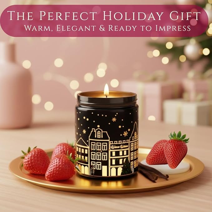 Vanilla & Strawberry Scented Candle – Dual Light Glow Jar Candle (Real Flame + Heat Activated LED), Soy Wax Blend Candle, 40-Hour Burn, Decorative Candle for Bedroom, Bathroom & Home Gift, 7oz