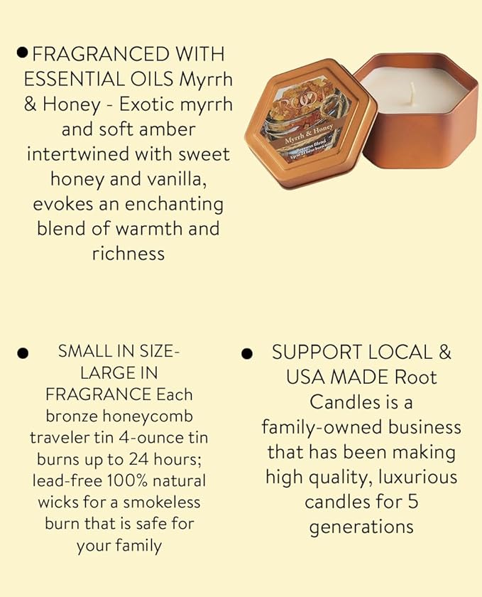 Root Candles Scented Candles in Travel Tin 24-Hour Honeycomb Traveler Handcrafted Beeswax Blend Candle, 4-Ounce, Myrrh & Honey