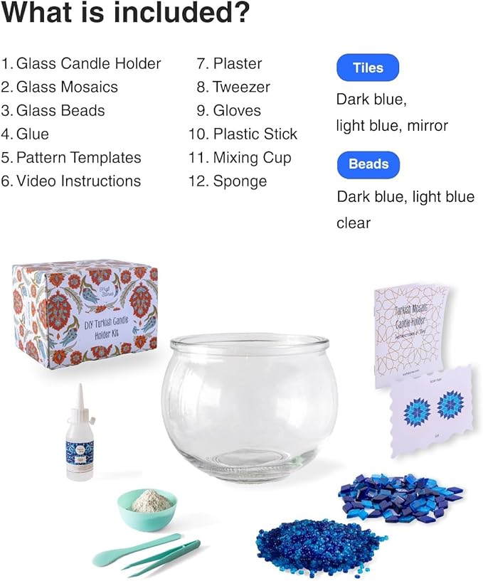 KRAFTSTORIES Turkish Mosaic DIY Candle Holder Kit Glass Decorative Tealight Holder for Living Dining Room Bedroom | Make Your Own Mosaic Candle Holder | Craft Kits for Adults (Blue)