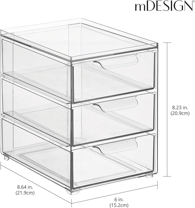 mDesign Plastic Stackable 3-Drawer Kitchen Storage Organizer - Bin with Divided Pull-Out Drawers for Pantry, Shelf, Fridge/Refrigerator, and Freezer Organization - Lumiere Collection - Clear