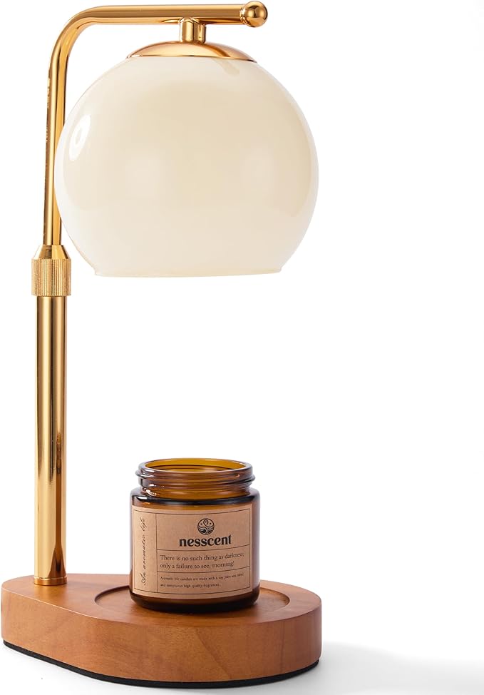 Ivory Glass Candle Warmer Lamp Adjustable Height Dimmer 2 4 8 Hour Timer Dark Wood Base Wax Melter Includes Scented Candle and 2 Bulbs for Cozy Bedroom Living Room Home Decor