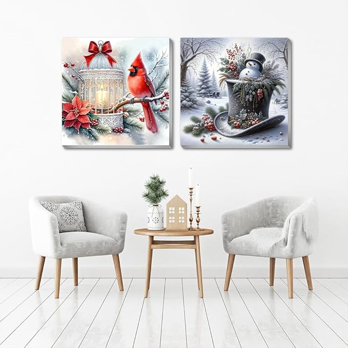 2 pack Snowman Paint by Numbers Kit for Adults Beginner With Framed,Winter Cardinal Easy Adult Paint by Number Kits on Canvas DIY Painting for Beginners Art by Numbers for Home Wall Decor 10x10 Inch