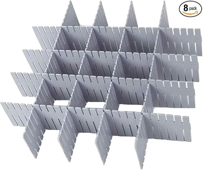 Onerbuy 8pcs Adjustable Grid Drawer Dividers DIY Plastic Closet Separator Tidy Organizer Container for Underwear Socks Belt Office Supplies(Grey)