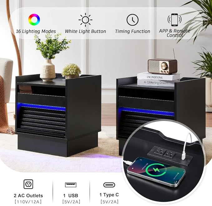 Mid Century Modern Nightstand with Charging Station LED Lights 2 Drawers Bedside Table for Bedroom Living Room (Black)