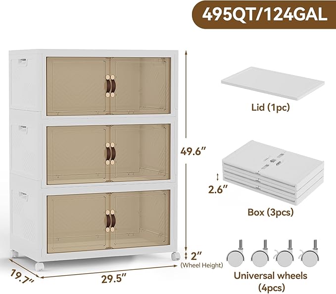 SAILUN 507QT/126Gal Stackable Storage Bins with a Lid, Collapsible Storage Bins With Doors, Folding Cabinet for Home Closet Organization,3 Pack-30 W x 19.7" D x 49.6" H White