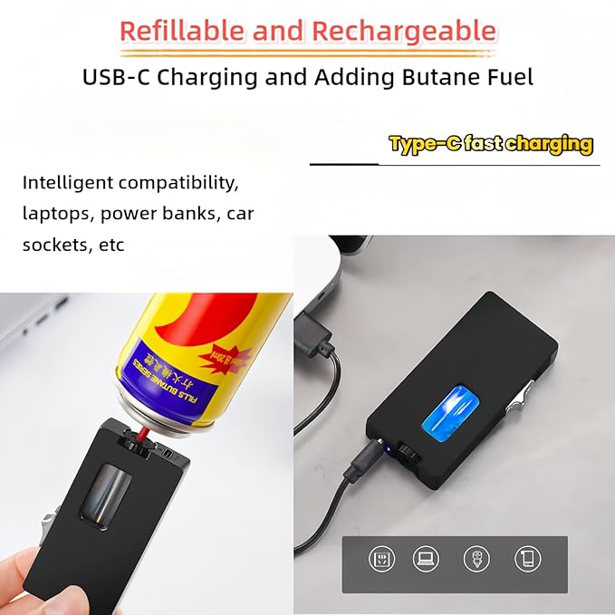 Extra Wide Flame Butane Lighters, Gravity Sensing Shake to Ignite, Adjustable Flame Size, USB-C Charging and Refillable Lighter with Safety Lock (Fuel Not Included) (Green)