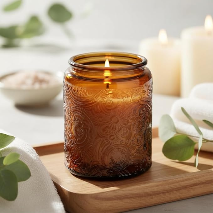 9-Pack 8oz Embossed Glass Candle Container with Bamboo Lids and Labels, Amber Candle Jars for Making Candles, Sun Moon Star Design