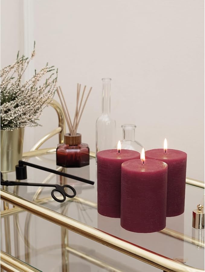 CANDWAX 3x4 inch Pillar Candles Set of 3 – Unscented Dripless Rustic Burgundy Candles for Weddings, Decor, Centerpieces