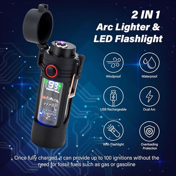 KALIMO Plasma Arc Lighter with LED Flashlight, Dual Arc Windproof Flameless Lighter, IP65-Rated Water-Resistant, USB-C Rechargeable, Portable for Camping, Hiking, BBQ and Outdoors