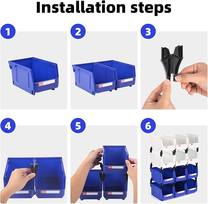 Stackable Storage Bins 12 Pack (7x5x4 Inch), Plastic Stackable Storage Organizer Bins Wall Mounted Hanging Small Parts Bin for Garage, Workbench & Office (Blue & White)