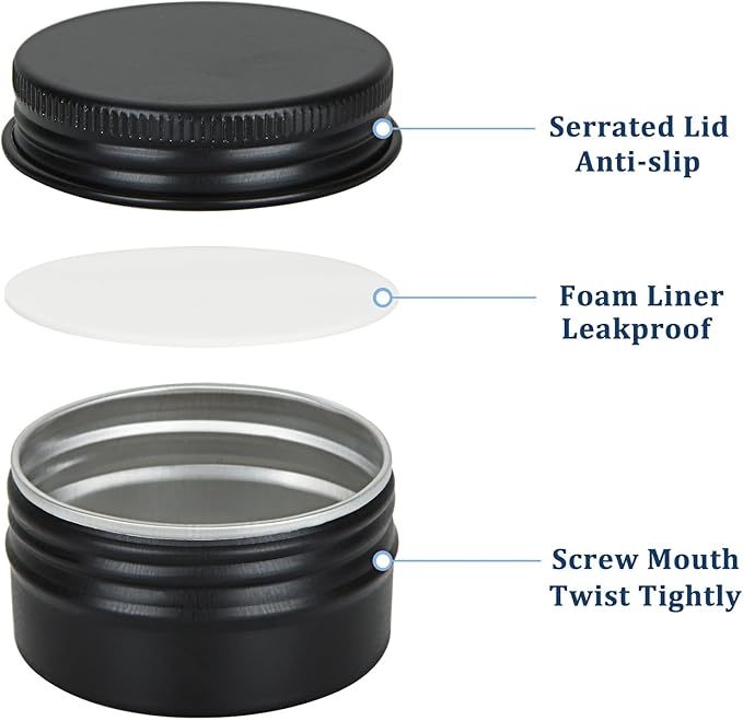 Acrux7 50 Pack 1oz Black Tins with Lids, 30 ml Aluminum Screw Top Tin Containers, Round Lip Balm Tins, Small Metal Storage Travel Tin Cans for Salves, Candles, Cream, Cosmetics, Spices (Black)