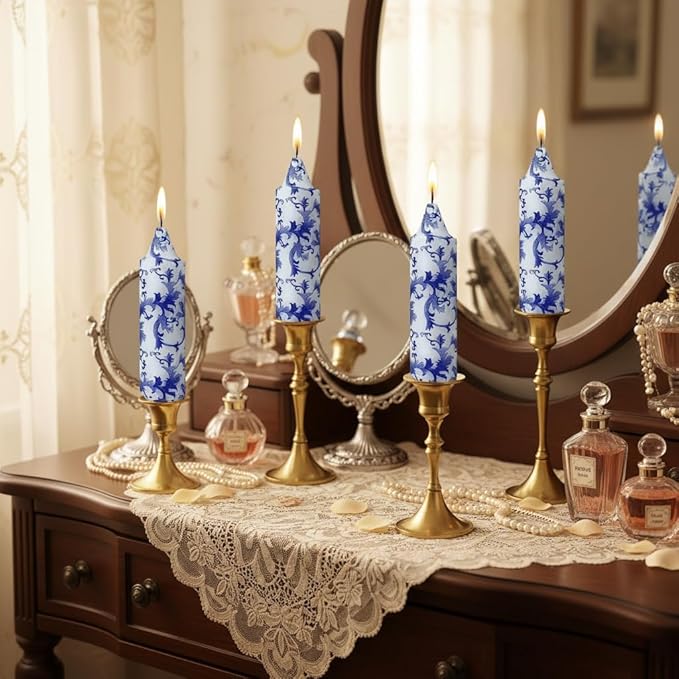 5 Inch Blue and White Tapered Candles Short Floral Candlesticks Hand Poured Unscented Smokeless Porcelain Candles for Dining Everyday Meals Family Dinner Elegance Blue White Porcelain Style