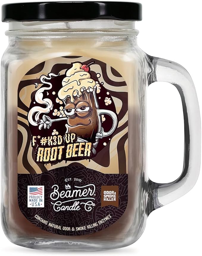 Root Beer Float Candle – Odor Eliminating, Strong Scent – Root Beer with Vanilla Cream – Long Lasting 90 Hour Burn – Large 12oz Mason Jar – Made in USA – Beamer Candle Co.