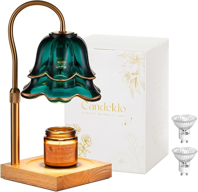 Candeldo Candle Warmer Lamp with Timer: Flower Candle Warmer with 2 Bulbs Green Height Adjustable Candle Warming Lamps Home Bedroom Decor Birthday Gift for Women